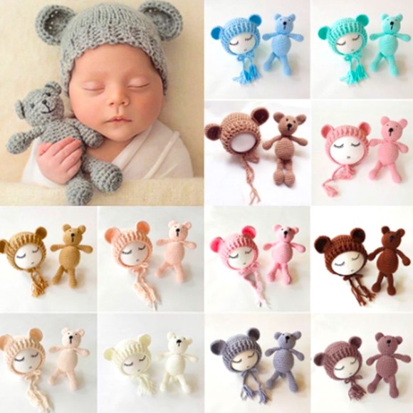 Infant Newborn Girl Photography Prop Photo PINK Crochet Knit Toy Bear w/Hat - Picture 3 of 3